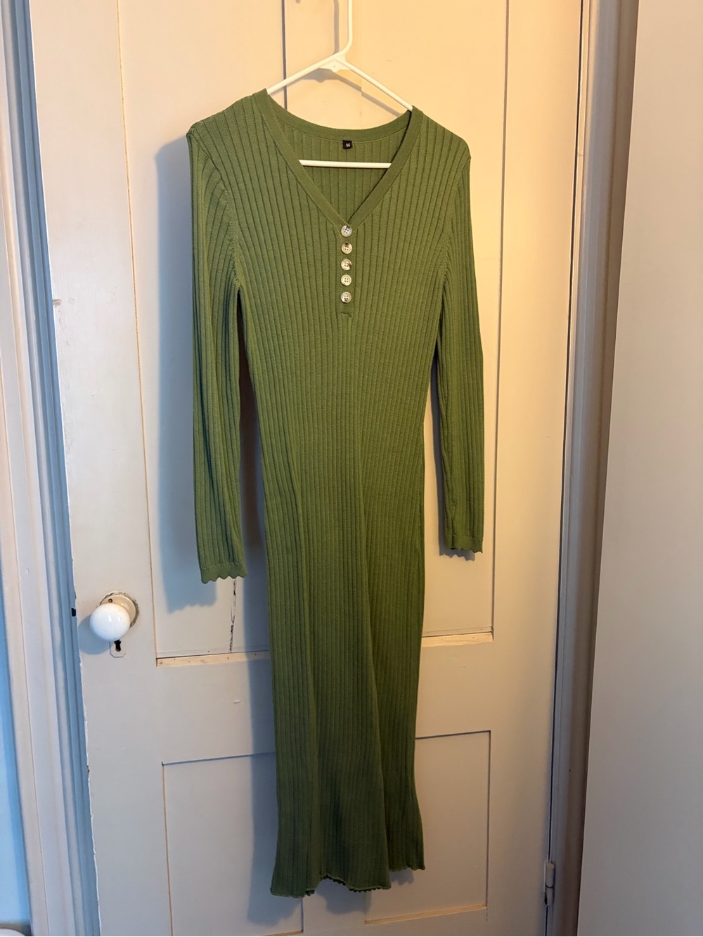 Long Ribbed V-Neck Knit Dress in Green
